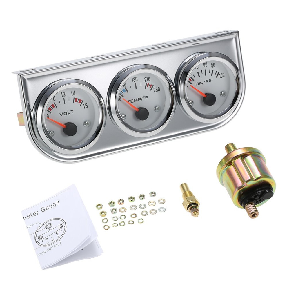 Car Gauge Kit 3 In 1 Triple Gauge Display 52Mm Water Temp Oil Pressure Voltmeter Chrome 9169991141480