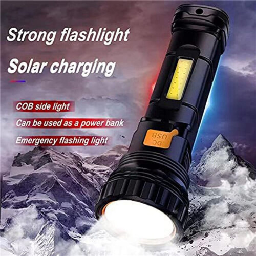 2X Solar/Rechargeable Multi Function LED Flashlight,Waterproof,with Emergency Strobe Light,USB Charging Cable 2
