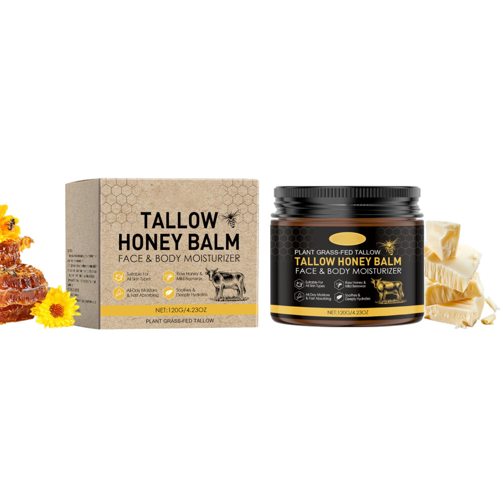 Beef Tallow Balm with Honey and Beeswax, Grass Fed Deep Hydration Face and Body Moisturizer