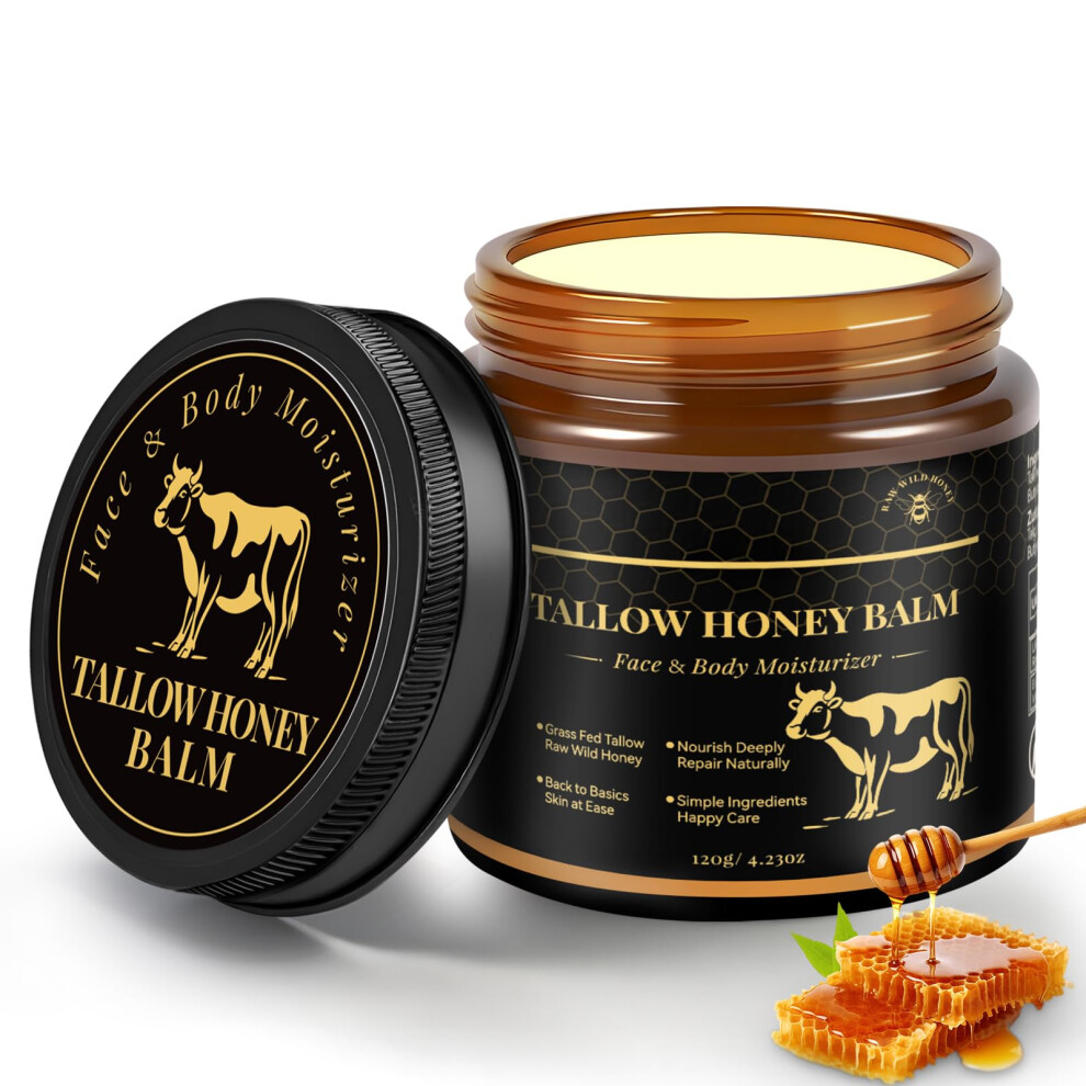 Beef Tallow Balm with Honey Deep Hydration Grass Fed Moisturizer for Dry Sensitive Skin 4.23oz