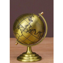 Vintage Brass Rotating World Globe 4.5' with Distressed Wood Base for Home Office Decor