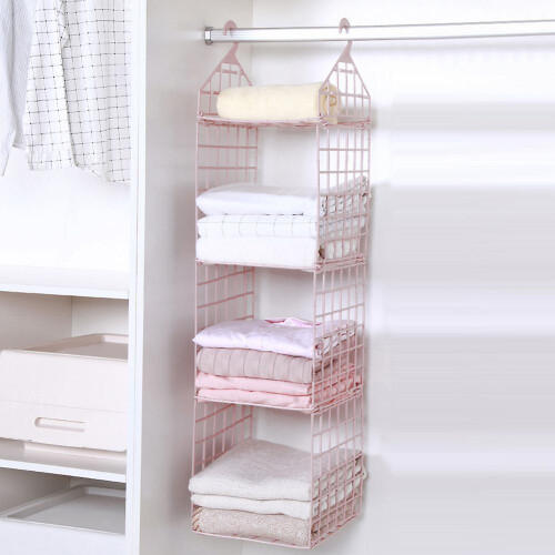 (Two Layer,Pink)Foldable Clothing Organizing Rack with Multi-Layer Hangable Clothes Finishing Basket for Hat Clothing 2