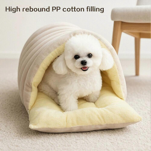 (M,Beige)Cat Sleeping Bed for Winter Use Breathable Cozy Cat Cave Bed for Small Medium Pet 2
