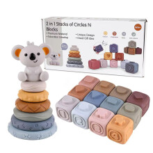 Montessori Baby Toys 2 in 1 Soft Stacking Blocks and Rings Set for Sensory Learning and Bath Play