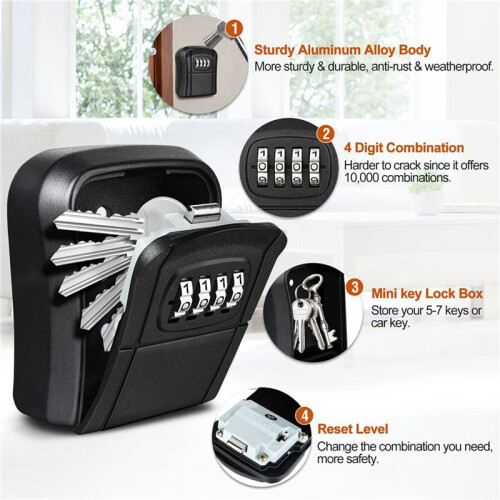 2X Key Box Wall Mounted  Key Safe Outdoor Key Box with Resettable 4-Digit Numeric Code Waterproof Key Box (Black) 1