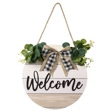 Welcome Sign Front Door Bright Green Leaf Arch Garland Rustic Round Wooden Wall Decor for Farm, Porch, Door