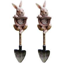 2X Statua Króliczka Fantazyjny Wystrój Ogrodu na Zewnątrz, Figurka Królika z Żywicy na Łopacie, Dekoracja Trawnika na Zewnątrz