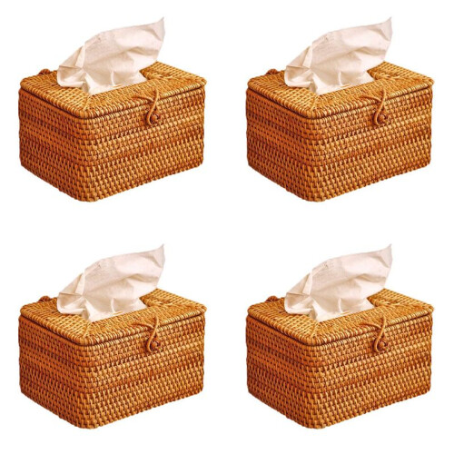 4X Rectangle Paper Rack Rattan Tissue Box Elegant Home Decoration Handmade Desktop Tissue Container Napkin Storage Case