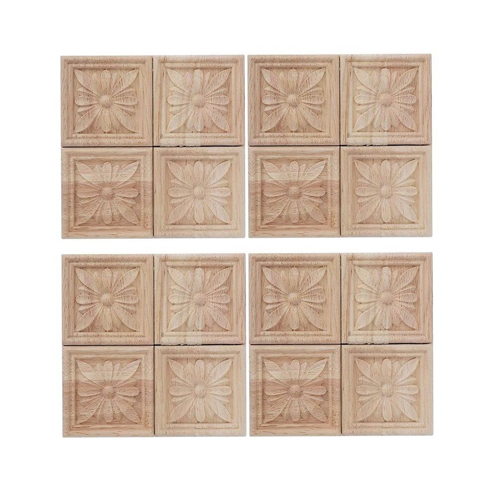 16Pcs Wood Carved Applique Onlay Carving Checkered Unpainted Flower Pattern Decal For Cabinet Door Furniture Decoration 6031240026325