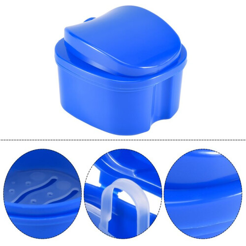 Dark  Denture Case, Denture Cup with Strainer, Denture Bath Box False Teeth Storage Box with Basket Net Container Holder for Travel 2