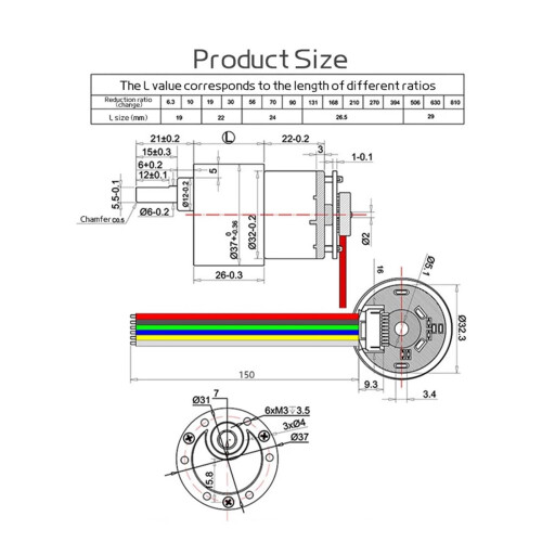 12V DC Gear Motor with Bracket,  Torque Low Speed Brushed Motor with Hall Encoder 1590RPM 1