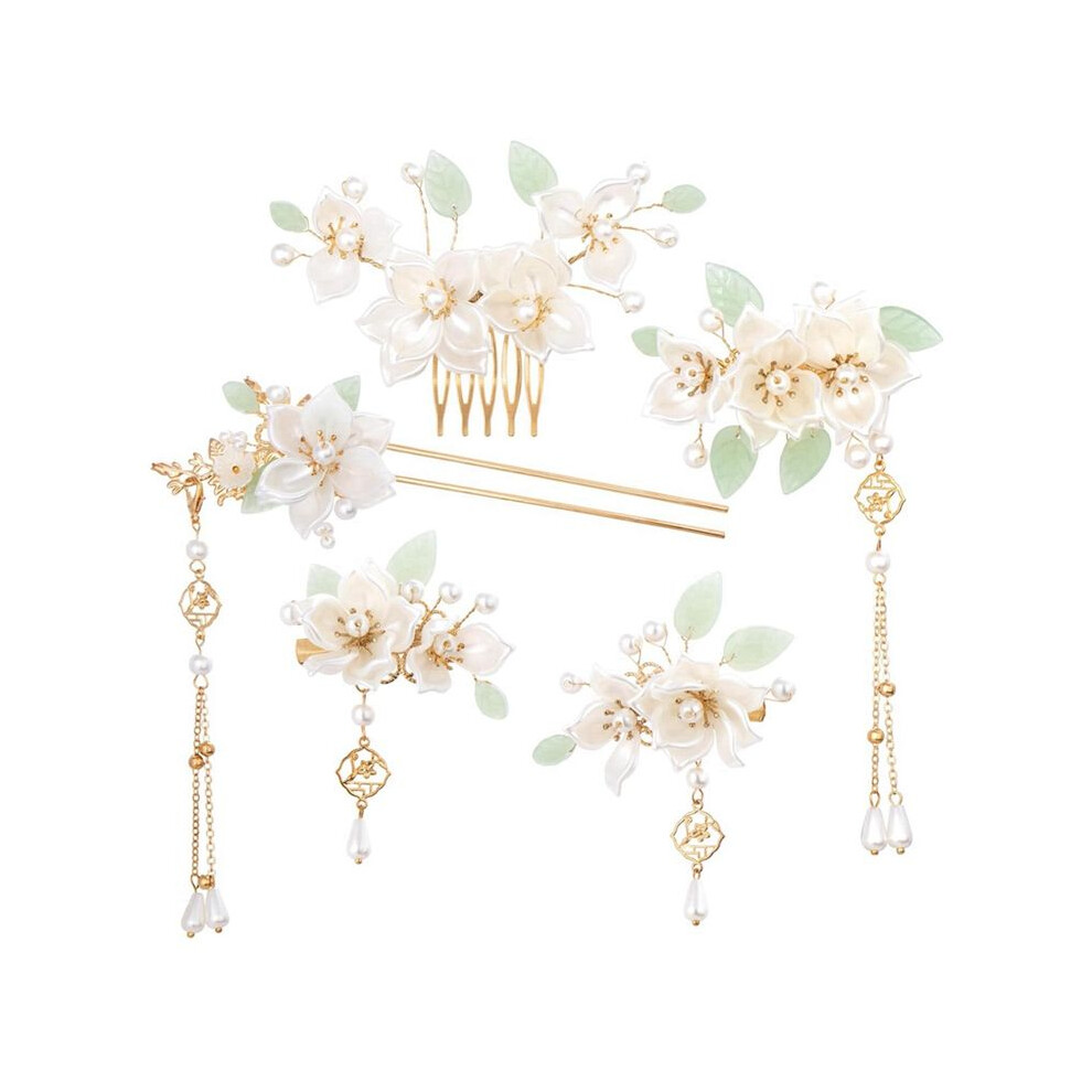 Tlily 5Pcs Camellia Flower Tassels Hairpin,Pearl Hair Clips Headpiece Retro Chinese Hanfu Wedding Brides Hair Accessories