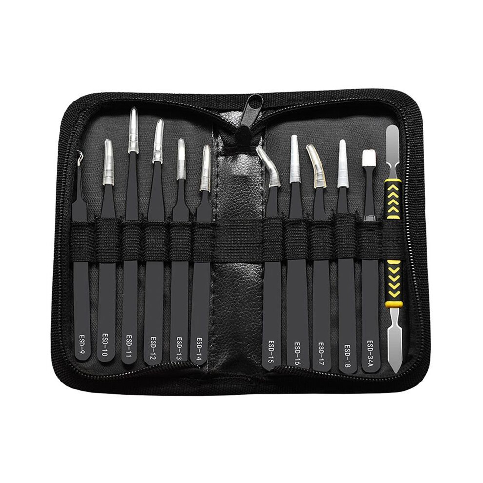 Anti-Static 12Pcs/Set Curved Straight Tweezers ESD Tweezers Stainless Steel Industrial Repair Tools