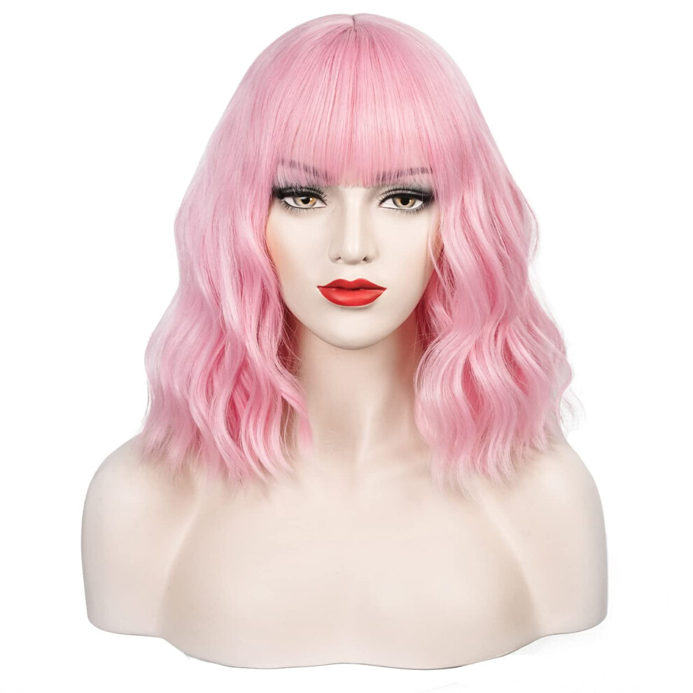 Unisex Pink Short Wavy Wig With Bangs 14'' Bob Pastel Shoulder Length Baby Wig For Women Girls