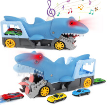 Shark Devour Transporter Toy Truck Electric Shark Catapult Toy Car 4 Car Set with SlideOff Feature and Roaring Sounds Realistic Animal-Head Design