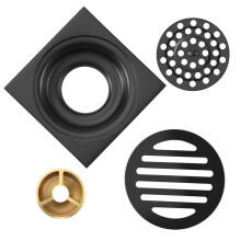 4 Inch Square Shower Drain with Removable Cover Grate, Brass Anti Clogging and Odor Point Floor Drain Assembly with Hair Catcher Strainer, Matte Black