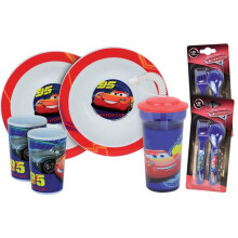Set di stoviglie - FUN HOUSE - DISNEY CARS - 2 Bicchieri, 2 Piatti fondi Ø16 cm, 2 set di posate, Bicchiere con cannuccia