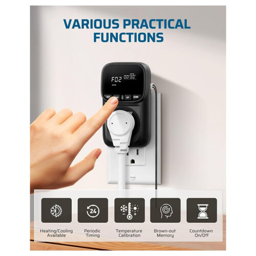 Digital Temperature Controller, 15A/1800W Thermostat Outlet Plug, VA Display Heating Cooling Control Timer US Plug