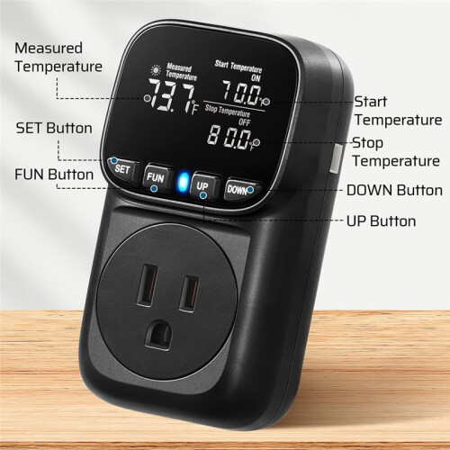 Digital Temperature Controller, 15A/1800W Thermostat Outlet Plug, VA Display Heating Cooling Control Timer US Plug 2
