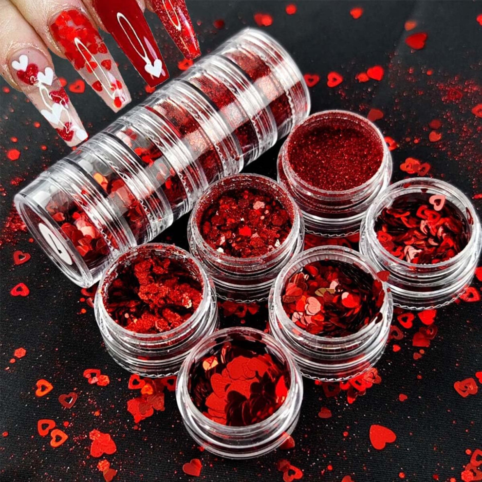Nail Art Glitter Set with Red Heart Sequins for Valentine's Day 3D Holographic Nail Decorations