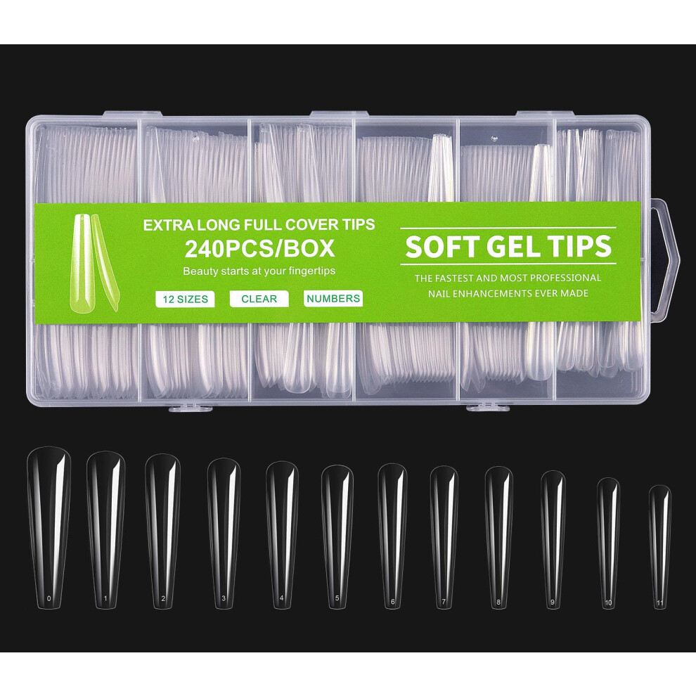 XXL Tapered Square Nail Tips 240PCS Super Long Clear Acrylic False Nail Extensions 12 Sizes