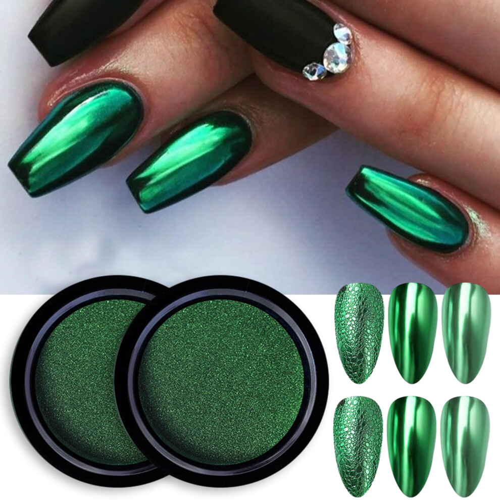 Green Chrome Nail Powder Mirror Effect Pigment For Gel Nails Manicure With Holographic Glitter