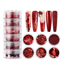 Valentine's Day Nail Glitter with Red and Laser Hollow Heart Sequins, 6 Grid Nail Art Decorations