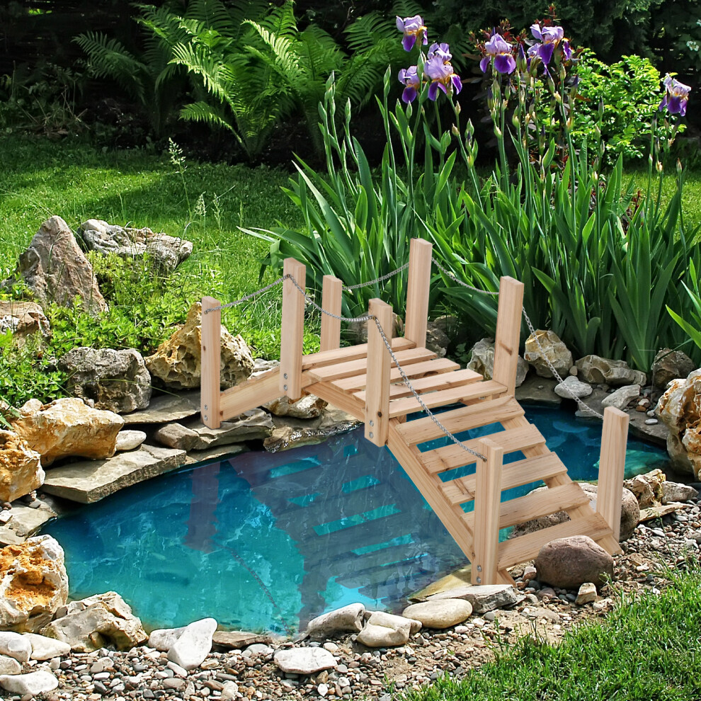 Outsunny Fir Wooden Garden Bridge, Arch Walkway With Metal Chain Railings