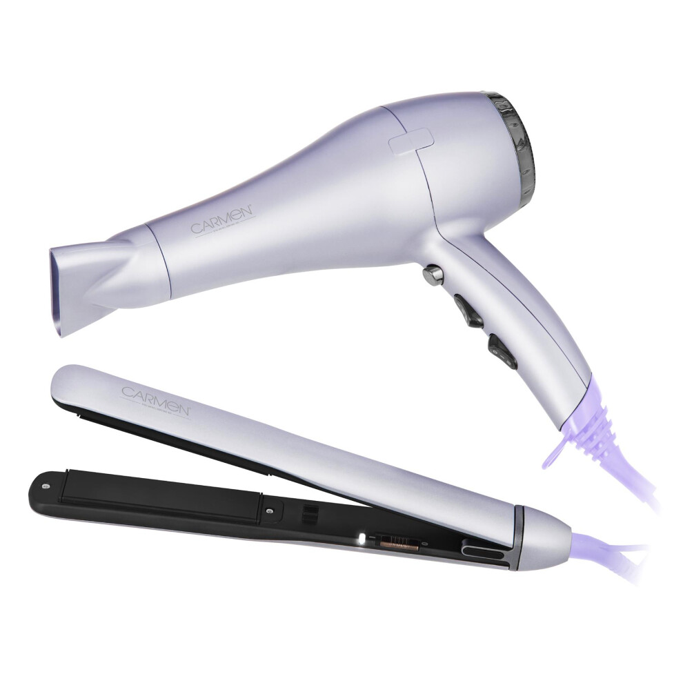 Carmen Serenity Hair Dryer & Ceramic Hair Straightener Gift Set With 3 Heat & 2 Speed Settings, Purple, C81219pur