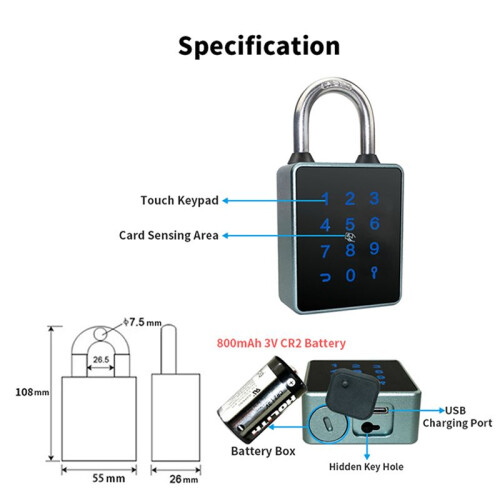 2X TTLock Password  Padlock Touch Screen RFID IC Card Key Home Security Waterproof Cabinet Electronic Padlock 2