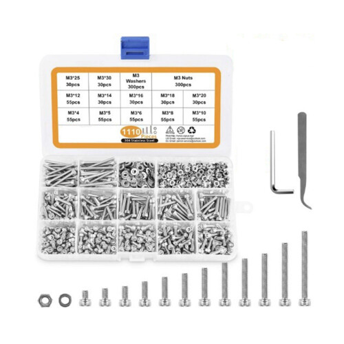 M3 Stainless Steel Screws Nuts Washers Assortment Kit with Hex Wrenches, 1100 Pcs Hex Socket Button  Cap Screws
