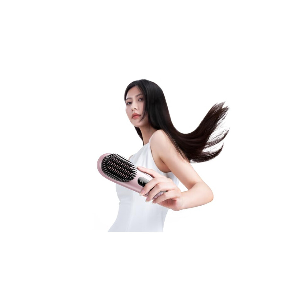 Pink Cordless Hair Straightener Brush With Adjustable Heat And Ionic Technology, 6400Mah Travel Size