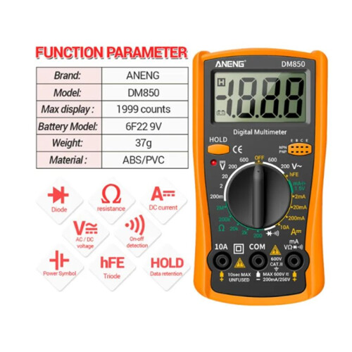 ANENG DM850 1999 Counts Digital Multimeter Eletric Automatic AC/ Votage Tester Current Ohm Ammeter Detector Tools Orange 2