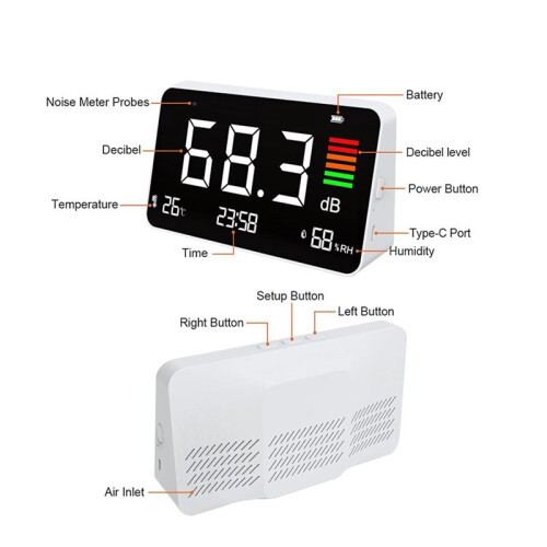 Decibel Meter,Digital Sound Level Meter 30-130db, LED Display Desktop Noise  Temperature Humidity Meter 2