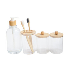4-Delige Set Badkameraccessoires van Bamboe - Rustieke Boho-Decoratie, Zeepdispenser, Tandenborstelhouder, 2 Potjes met Wattenstaafjes