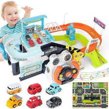 Kids' Interactive Car Track Set-Steering Wheel with Sound Effects Track Simulation Toys Ideal for 3-5 Year Olds Perfect for Birthdays Christmas Gifts