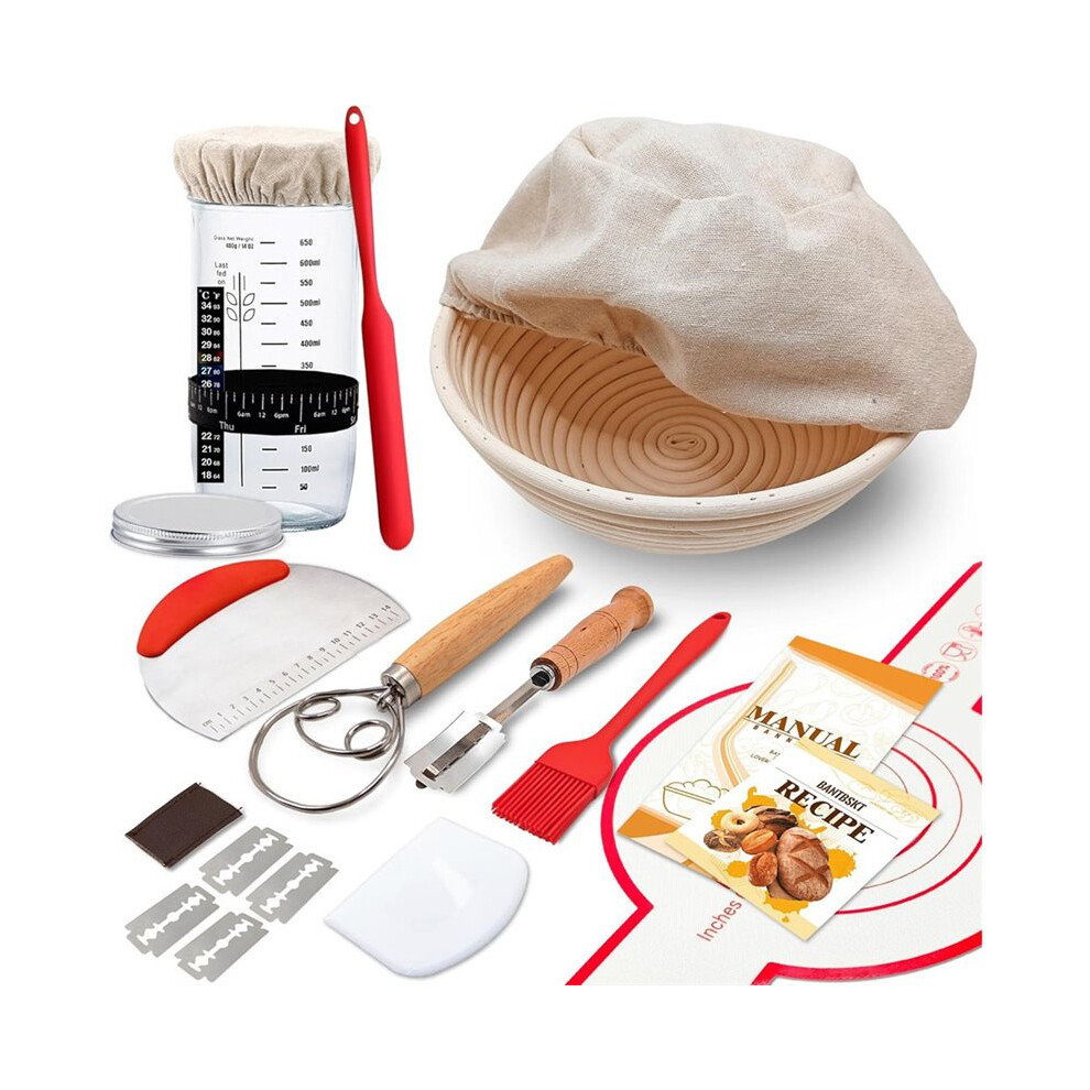 Complete Sourdough  Kit with Banneton Bread Proofing Basket and Glass Jar for Bread Making