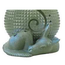 Large Ceramic Dragon Yarn Bowl with Holes for Knitting and Crocheting, Handmade OD Green