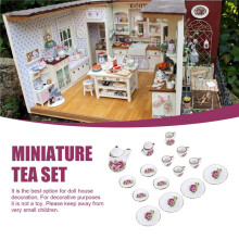 15 pieces Porcelain tea set Dollhouse miniature foods Chinese rose dishes cup
