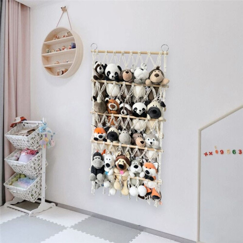 Wall Hanging Organizer Stuffed Animal Toy Net Hammock Nursery Plush Toy Storage Boho Macrame, 2