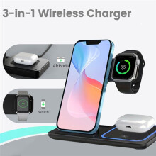 Chargeur Sans Fil 3 en 1 15 W avec Lumière LED et Support de Téléphone, Station de Charge Rapide Pliable, Noir