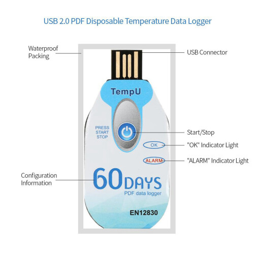 USB Temperature Data Logger 60 Days Waterproof PDF Disposable Cold Chain Temperature Recorder 10000 Points for Medicine