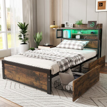 Black/Wood Metal Single Bed w/LED & Drawers 90x190cm