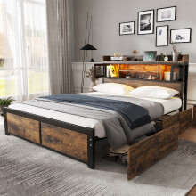 Black/Wood Metal Double Bed w/LED & Drawers 135x190cm