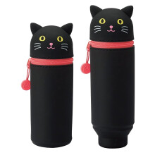Kawaii Black Cat Pencil Case, 2 in 1 Silicone Pen Holder with Retractable Capacity and Zipper Closure