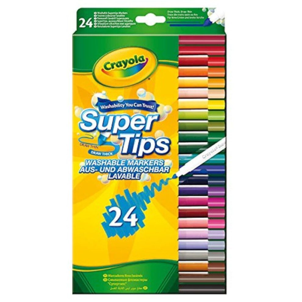 Crayola Supertips Washable Markers - Assorted Colours (Pack Of 24) | Premium Felt Tip Pens That Can Easily Wash Off Skin & Clothing | Ideal For Kids