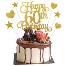 60th Birthday Cake Decorations, 7Pcs Personalised Happy 60th Birthday Cake Topper with Heart Star Cupcake Picks, Gold Glitter Happy 60 Years Old Birt