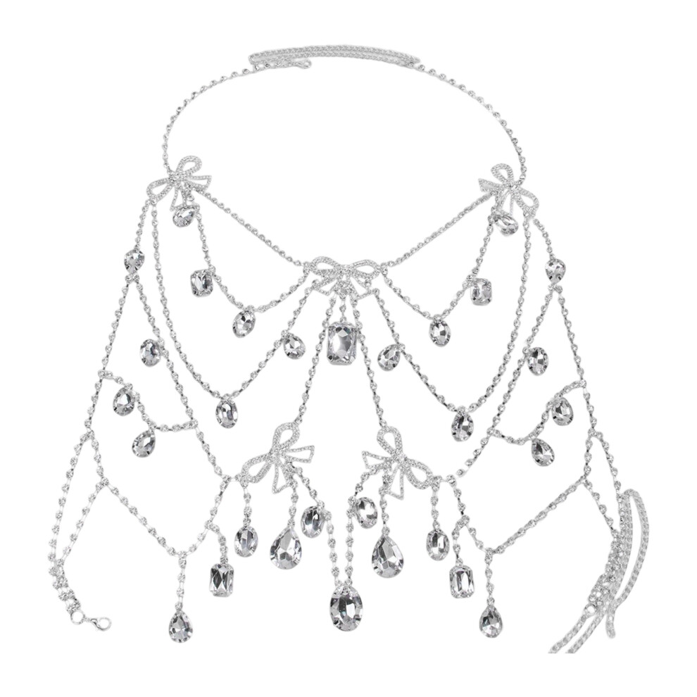 (One Size, White) Women Body Chain, Sparkle Bows Rhinestone Body Jewelry Adjustable Clubwear for Summer Beach