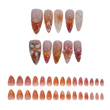 (30Pcs, Orange) Almond Shaped Press on Nails 30Pcs Short Length French Nails Glue On Fake Nails with 3D Flower Design
