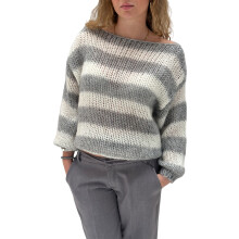 (S, Light Gray) Women's Striped Sweater Vintage Loose Boat Neck Long Sleeve Pullover Tops for Fall Winter